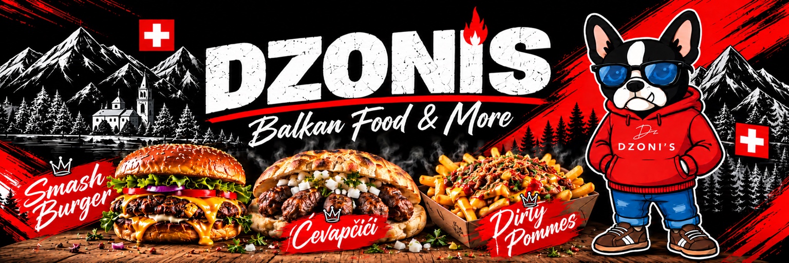 Dzoni’s Balkan Food & More – Banner mit Hundemaskottchen, Schweizer Alpen, Smash Burger, Ćevapčići und Dirty Pommes